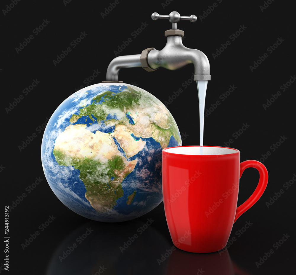 Poster 3d globe with water tap with cup. image with clipping path