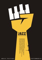 Poster idea for jazz festival. Unique creative music concept with fist shape and piano keys. Jazz concert vector flyer.