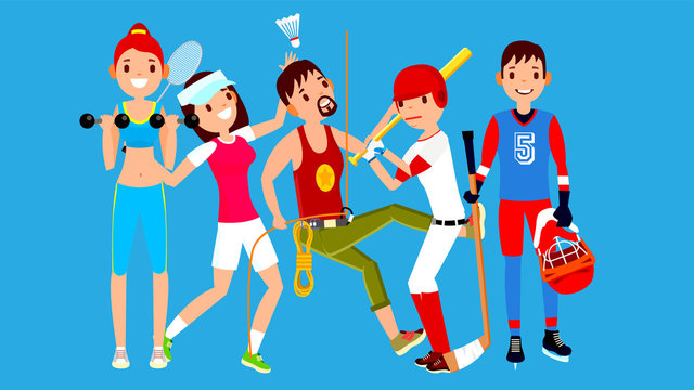 Athlete Set Vector. Man, Woman. Fitness Girl, Tennis, Climber, Baseball, Hockey. Group Of Sports People In Uniform, Apparel. Sportsman Character In Game Action. Flat Cartoon Illustration