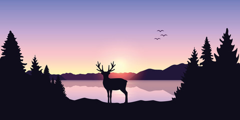 reindeer by the lake at beautiful sunrise nature landscape vector illustration EPS10