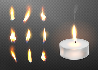 Burning realistic 3d candle light and different flame of a candle icon set closeup isolated on transparent background. Tea candle or candle in a case. Vector illustration.