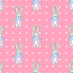 cute Rainbow cartoon bunny rabit with dots seamless pattern