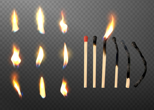 Realistic 3d match stick and different flame icon set, closeup isolated on transparent background. Whole and burnt matchstick. Stages of burning the match. Symbol of ignition. Vector illustration.