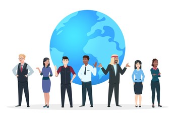 Professional team. Asian, european and african business people standing at world globe. International business vector concept. Illustration of team people, teamwork businessman group