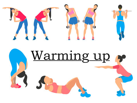 Stages warm up. Sport for health, clearly shows the girl. In minimalist style. Cartoon flat Vector