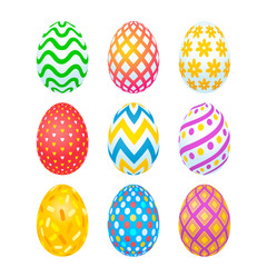 Happy easter. Set of realistic Easter eggs with different texture and ornament on a white background. Spring holiday.