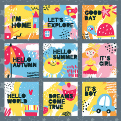 Fototapeta premium Set of baby cards with home, color, car, girl, boy, world, umbrella, turtle, summer ballon, cute, kid