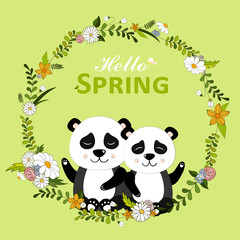 Hello Spring greeting card. Hand drawn vector illustration with cute Panda in spring flowers