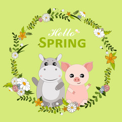 Hello Spring greeting card. Hand drawn vector illustration with cute Hippo and Piggy  in spring flowers