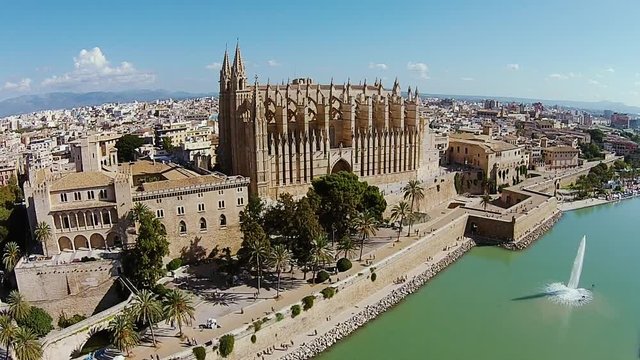 Beautiful architecture of the cathedral in Palma de Mallorca, Spain, aerial shot