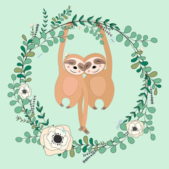Vector eucalyptus and flower wreath. Greeting card. Hand drawn vector illustration with cute sloth in flowers