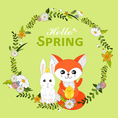 Hello Spring greeting card. Hand drawn vector illustration with cute Fox, Rabbit and  chicken in spring flowers