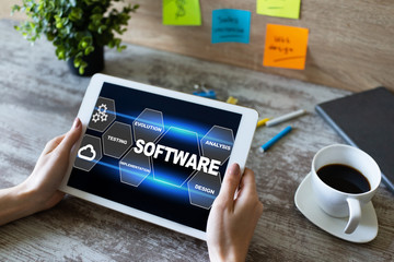 Software development and process automation concept on tablet computer screen.