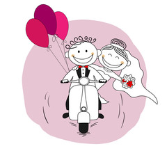 Just married couple on a scooter leaving for honeymoon - vector illustration