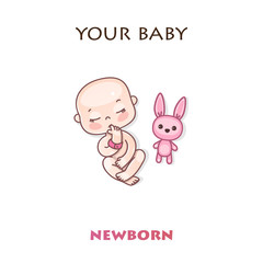 Stages of child development in the first year of life. A newborn baby sleeps with a bunny toy. Sleeping baby. Child milestones of first year. Colorful vector Illustration isolated on white background