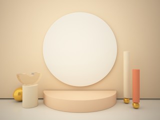 Scene with geometrical forms.  Podium with a circle. Mock up in pastel colors.  Pastel platform. Minimal background. 3d render. 