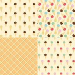 Set of 4 seamless ice cream repeat patterns on beige background. Ice cream cones and waffle texture.
