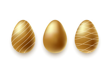 Golden eggs with light shadow for Easter day greeting card. 3 different realistic golden shine decorated eggs. Invitation template, promotion, poster, flyer, web. Vector isolated on white background.