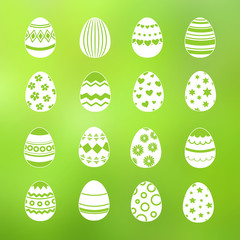 Spring decorative eggs of set vector collection isolated on green background illustration