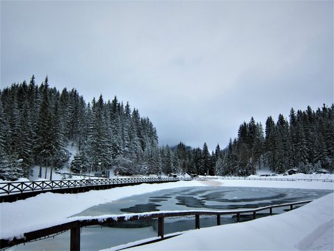 Frozen lake in Jasna ski resort, Low Tatras, Slovakia