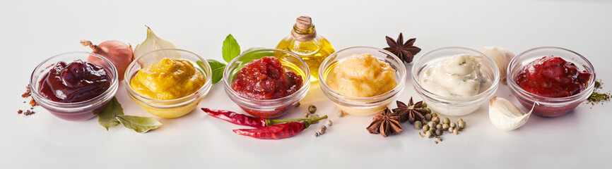 Panorama banner of assorted sauces and marinades