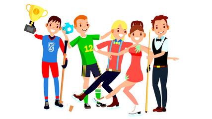 Athlete Set Vector. Man, Woman. Hockey, Handball, Figure Skating, Snooker. Group Of Sports People In Uniform, Apparel. Sportsman Character In Game Action. Flat Cartoon Illustration