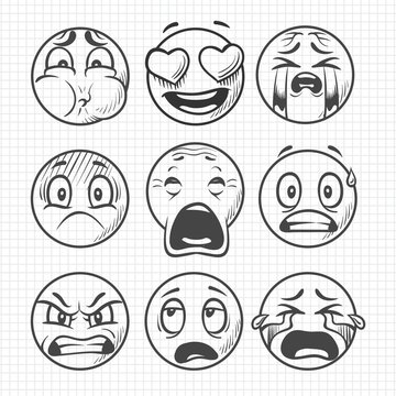 Hand drawn dissatisfied sad faces, smiles vector set isolated on white background illustration