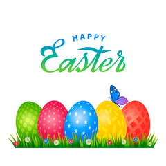 Bright greeting card with handwritten inscription Happy Easter. Retro lettering. A set of Easter eggs with different ornaments on the background of green grass and spring flowers.