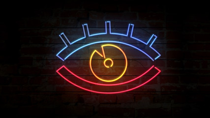 Eye neon icon on brick wall 3D illustration