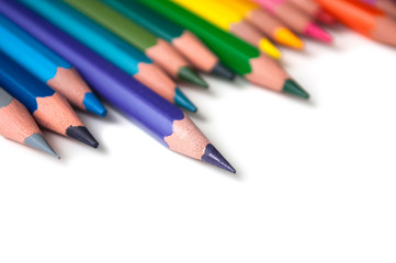 closeup of colouring pencils set on white background