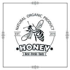 design of emblem with bee and honey on white background