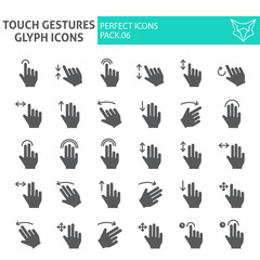 Touch gestures glyph icon set, click symbols collection, vector sketches, logo illustrations, swipe signs solid pictograms package isolated on white background.