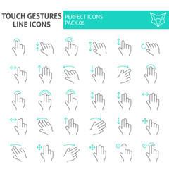 Touch gestures thin line icon set, click symbols collection, vector sketches, logo illustrations, swipe signs linear pictograms package isolated on white background.