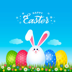 Bright greeting card with handwritten inscription Happy Easter. Retro lettering. Easter bunny in the form of eggs on the background of green grass and spring flowers.