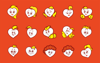 Set of vector illustrations children's animation characters hearts boys and girls. Fiery flame of love in the children's picture of the animation character.