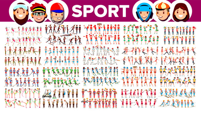 Athlete Set Vector. Man, Woman. Group Of Sports People In Uniform, Apparel. Sportsman Character In Game Action. Flat Cartoon Illustration