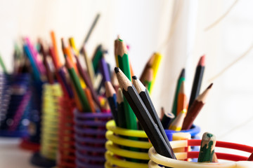 Colored pencils in a pencil case 