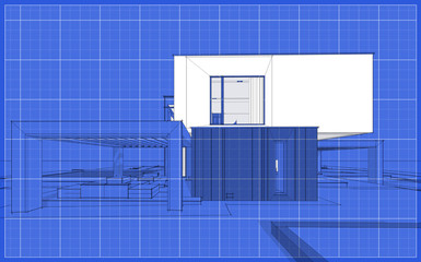 3d rendering sketch of modern cozy house in garden with garage for sale or rent. Graphics black line sketch with white spot on blueprint background