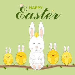 Colorful Happy Easter greeting card with Easter eggs, bunny little chickens with rabbit ears, and text. Easter background. Hand drawn vector illustration