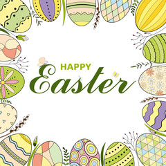 Colorful Happy Easter greeting card with Easter eggs and text. Easter background. Hand drawn vector illustration