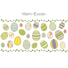 Colorful Happy Easter greeting card with Easter eggs and text. Easter background. Hand drawn vector illustration