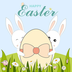 Colorful Happy Easter greeting card with Easter eggs, rabbit, bunny, flowers and text. Easter background. Hand drawn vector illustration