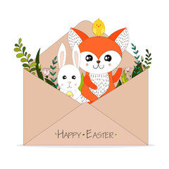 Colored kraft envelope with flowers,  fox, rabbit, bunny, Easter eggs, little chickens and text. Happy Easter greeting card. Easter background.  Hand drawn vector illustration