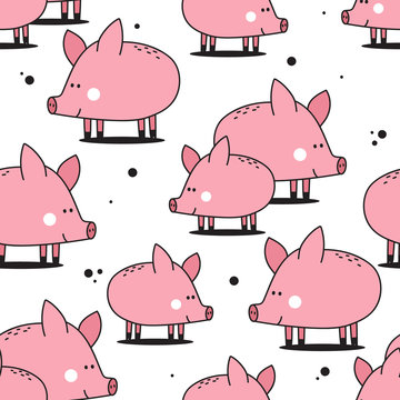 Happy pigs, hand drawn backdrop. Colorful seamless pattern with animals. Decorative cute wallpaper, good for printing. Overlapping background vector. Design illustration