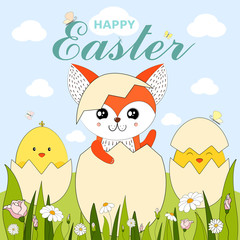 Colorful Happy Easter greeting card with fox, Easter eggs, little chickens and text. Easter background. Hand drawn vector illustration