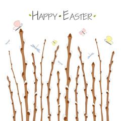 Colorful Happy Easter greeting card with willow branches, and text. Easter background. Hand drawn vector illustration