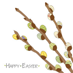 Colorful Happy Easter greeting card with willow branches and Easter eggs . Easter background. Hand drawn vector illustration