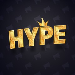 Gold HYPE text isolated vector logo with joker crown on dark background.