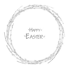 Willow wreath Vector illustration. Black and white  Easter background. Hand drawn vector illustration