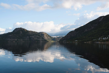 mountains and bridge over fjord